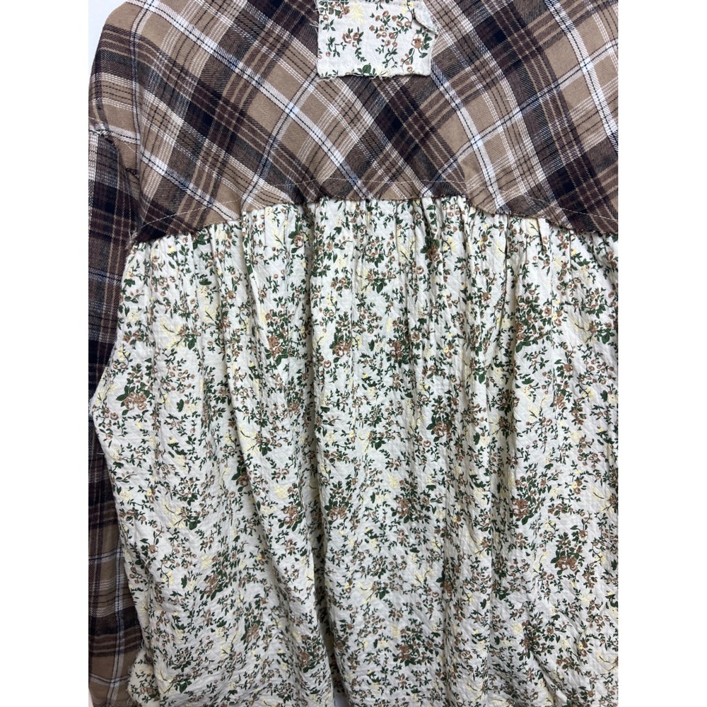 POL Mixed Media Plaid Floral Button Down Shirt Brown Womens S Baloon Sleeve Boho - Picture 9 of 10